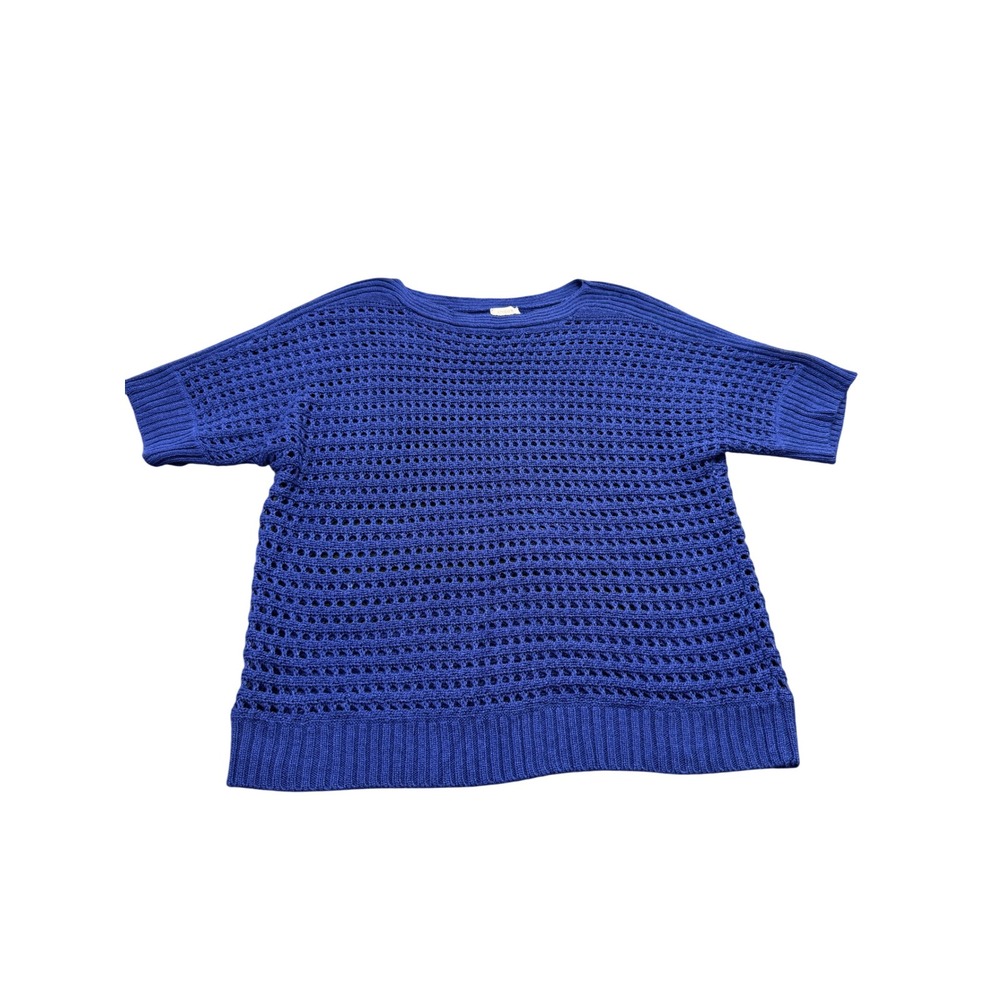 Chico's Open Knit Short Sleeve Sweater Womens 3 XL Royal Blue Crochet Pullover